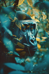 Obraz premium Scene of a gorilla with a spectral outline, its form fading into the dense jungle foliage,