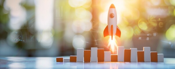 Minimalist design of a rocket soaring past bar graphs, symbolizing surpassing financial goals, vibrant and detailed with space for text