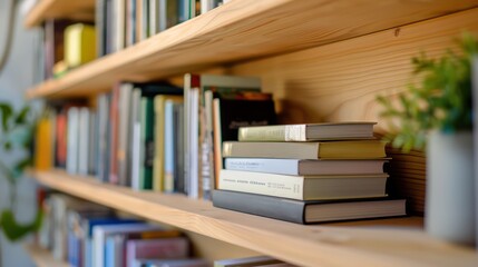 A detailed close-up of a wooden bookshelf holding a collection of books with focus on the spine titles