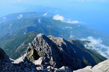 Aerial view of mist-covered Mount Athos, Greece,