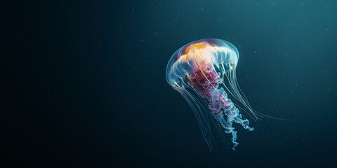 the jellyfish swimming underwater, clear ocean water seabed, copy space for text