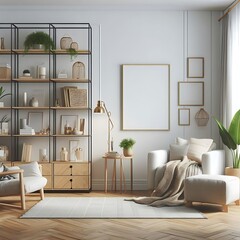 A living Room with a mockup poster empty white and with a white chair and a white rug art attractive realistic card design harmony.