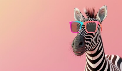3d render of cute zebra wearing colorful glasses on pastel background with copy space