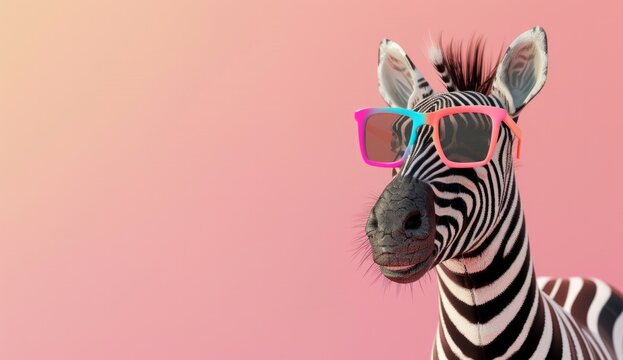 3d render of cute zebra wearing colorful glasses on pastel background with copy space