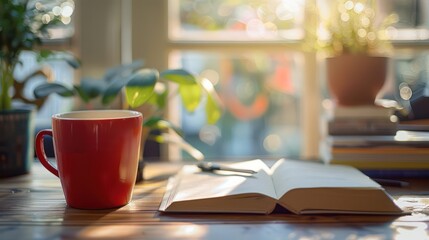 A warm and inviting image featuring a red coffee mug, an open book, and eyeglasses on a table with sunlight filtering through a window - Powered by Adobe