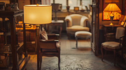 Side shot of a modern Italian lamp in a vintage shop, focusing on its stylistic contrast with the surroundings.