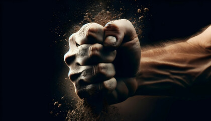Powerful Fist Clenching Dirt in Dark Background, A muscular hand clenches dirt tightly, showcasing strength and determination. The background is dark, emphasizing the raw energy and grit of the image