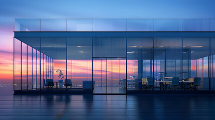 Obraz premium Modern Glass Office Building at Sunset, A sleek, modern glass office building with large windows reflecting a stunning sunset. The interior is stylishly furnished