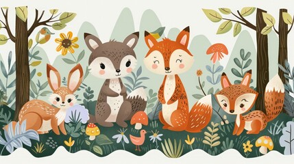 Obraz na płótnie Canvas A whimsical illustration of adorable woodland creatures frolicking amidst a lush forest backdrop, perfect for children's books and educational materials. 
