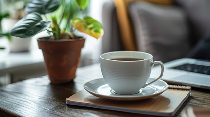 A white ceramic cup of coffee on a saucer sits atop a wooden tray, surrounded by a lush potted plant and a laptop, evoking a relaxed work-from-home atmosphere