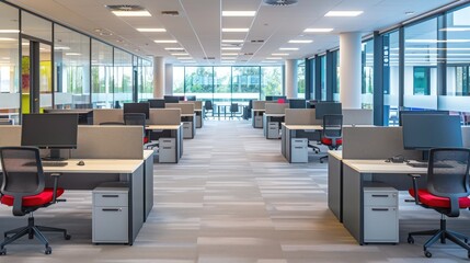 A spacious office area featuring a series of cubicles with ergonomic chairs, personal desks, and partial privacy screens