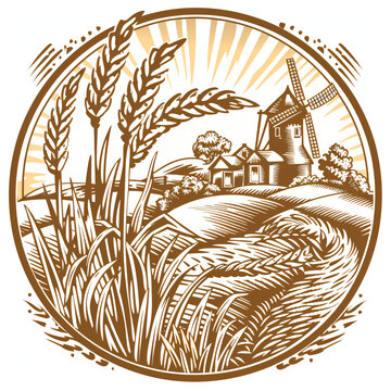 recommend clip art: Rural landscape with windmill and village. Farm and wheat field with harvest. Autumn nature. Illustration in vintage engraving style for design banner, logo, poster, flyer