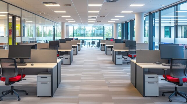 A spacious office area featuring a series of cubicles with ergonomic chairs, personal desks, and partial privacy screens