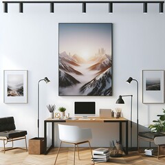 A office room with a mockup poster empty white and with a desk and chair and a picture on the wall realistic image realistic image lively.