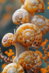 Scene of snails in their adolescent stage, with shells beginning to develop more defined spirals,