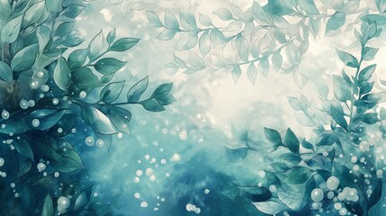 Fototapeta na wymiar Green blue gradient wave eco leaves, watercolor hand painting landscape watercolor style background