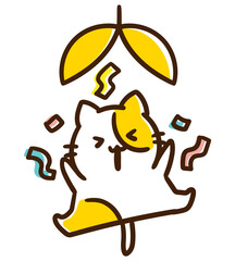 割れたくす玉とおめでたいかわいいねこのキャラクターのデフォルメイラスト