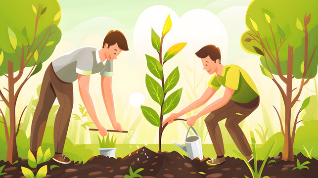 men are planting trees and watering them to help increase oxygen in the air and reduce global warming, Save world save life and Plant a tree