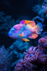 Artistic portrayal of a parrotfish with a neon rainbow of colors, its contours glowing against a deep blue background,