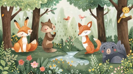 A whimsical illustration of adorable woodland creatures frolicking amidst a lush forest backdrop, perfect for children's books and educational materials. 