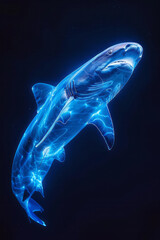 Dynamic image of a shark with sleek, neon blue lines tracing its powerful body, creating a futuristic appearance,