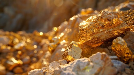 Obraz premium A detailed close-up of golden-colored rocks glistening under sunlight, highlighting textures and warm tones
