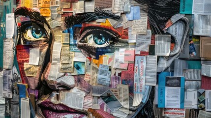 An image of a person's face made of different book pages, with different stories and genres forming the different facial features and expressions.