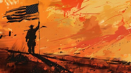 Patriotic Soldier Waving American Flag in Desert Sunset