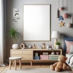 A Room with a mockup poster empty white and with a bed and a table and a teddy bear art meaning has illustrative realistic art.