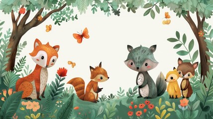 Naklejka premium A whimsical illustration of adorable woodland creatures frolicking amidst a lush forest backdrop, perfect for children's books and educational materials. 