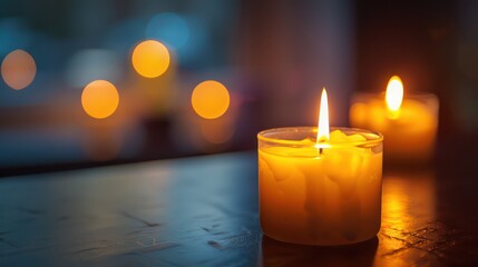 A serene and cozy setting featuring lit candles glowing warmly with a soft bokeh of lights in the background, creating a tranquil atmosphere