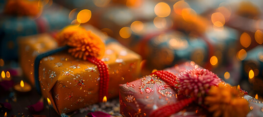 A close-up of beautifully wrapped Diwali gifts with vibrant colors and intricate designs
