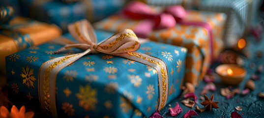 Fototapeta na wymiar A close-up of beautifully wrapped Diwali gifts with vibrant colors and intricate designs