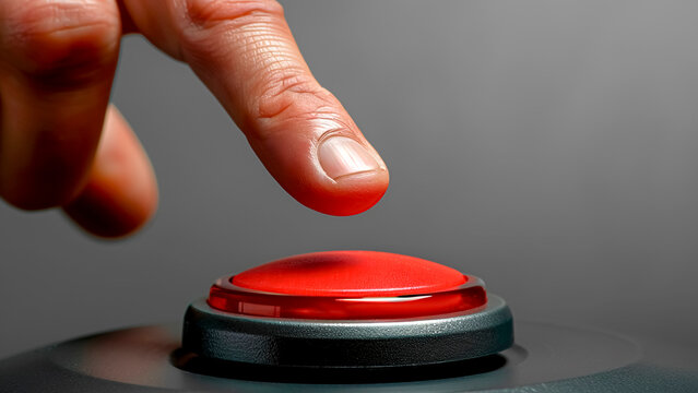 Close-Up of Hand Pressing Red Panic Button. Urgent Action, Emergency Response, Critical Situation.