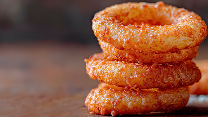 Stack of Crispy Onion Rings. Comfort Food, Golden Crunch, Fast Food Delight. Copyspace.