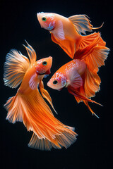 Scene of a pair of betta fish performing a graceful duet, their flowing fins resembling elegant ballet dancers,