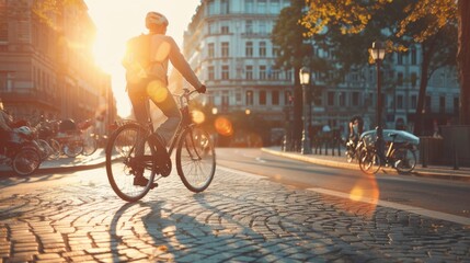 72. Cyclist commuting through a city square, dedicated bike lanes, urban cycling