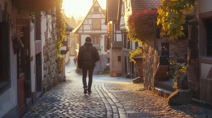 76. Man walking through a historic town, eco-friendly travel, morning commute