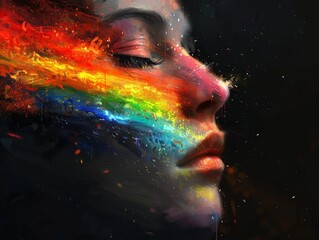 Emotive and powerful LGBT symbolism in abstract digital art features a face with rainbow colors flowing from the eyes