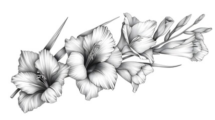 Elegant Gladiolus Flower Graphite Drawing on Isolated Background