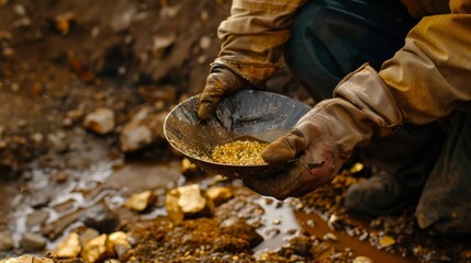 A close-up shot of hands wearing gloves holding a gold-pan with sediment and shiny gold specks in a creek