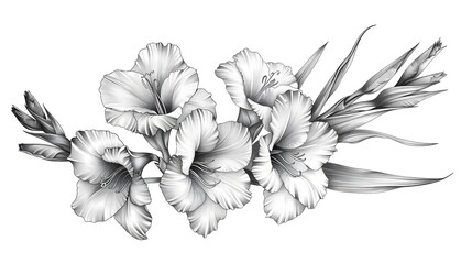 Delicate Gladiolus Flower Graphite Sketch on Isolated Background