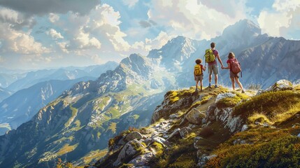 Fototapeta premium Family Hiking in the Mountains with Scenic View