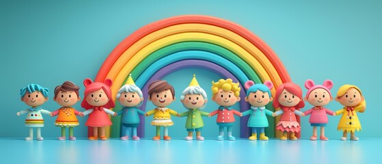 Fototapeta premium Animated characters of various ethnicities holding hands under a rainbow, cartoon style, promoting LGBT inclusivity and friendship