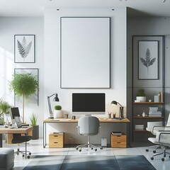 A Room with a mockup poster empty white and with a computer desk in office and chair and a large picture frame art used for printing lively print design.