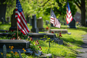 American Flags and Headstones at National Cemetery, Honoring the Fallen