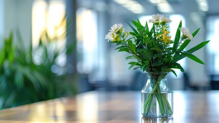 A clear glass vase containing a bouquet of fresh white and yellow flowers, set upon a wooden table in a bright office environment - Powered by Adobe