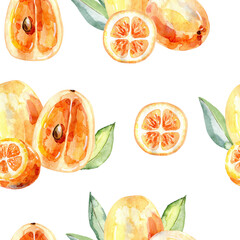 Seamless pattern. Hand Drawn Watercolor kumquat Fruit illustration.