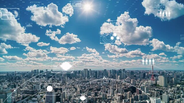 Futuristic smart city with digital data overlays in the sky, modern urban technology concept