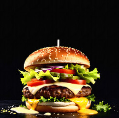 Large appetizing burger with meat, onion, vegetables, melted cheese, lettuce and mayonnaise sauce. ia